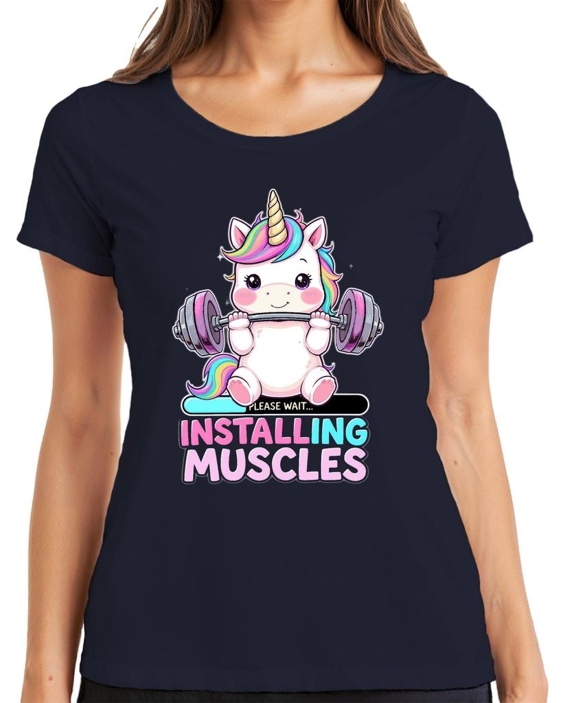 Please Wait Installing Muscles Einhorn Hantel Fitness Lustig Damen T-Shirt, Navy, M