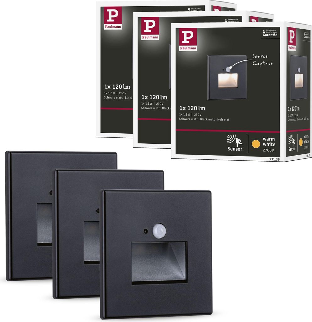 Paulmann Edge LED Wandeinbauleuchte 3er-Set Schwarz matt mit PIR-Sensor
