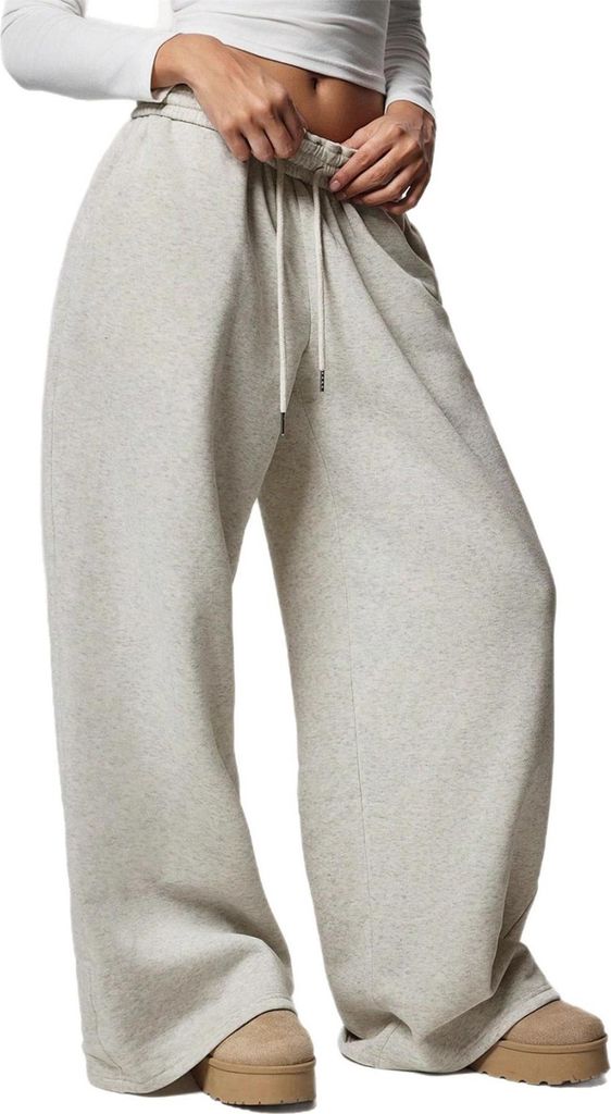 ASKSA Damen Jogginghose Lang Fleecefutter Warme Gefuetterte Baggy Weitem Bein Fleecehose Tunnelzug Sporthose mit Taschen (Hellgrau,S)