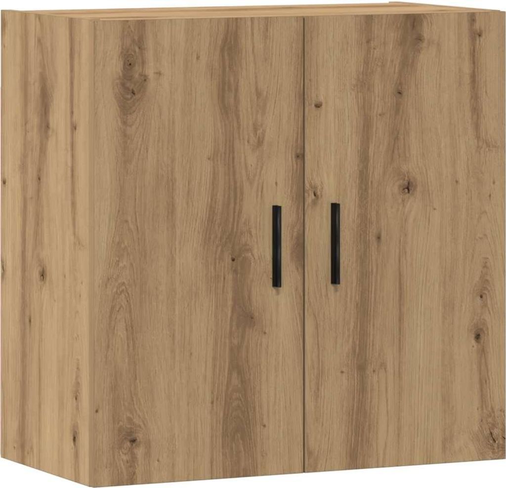 A front view of a wooden cabinet with two doors and black handles.