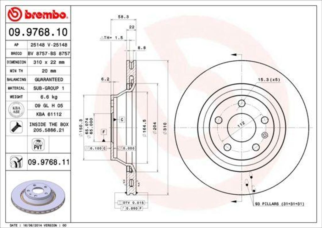 BREMBO 09.9768.11 Bremsscheibe OE 8J0615601A kompatibel mit TT