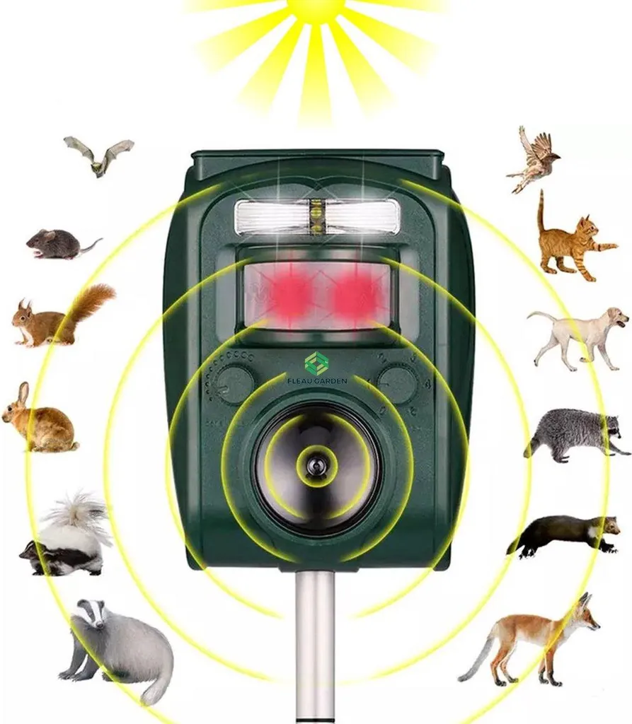 Fleau Répulsif Chat et Oiseau à Ultrasons Solaire avec Flash LED Extérieur