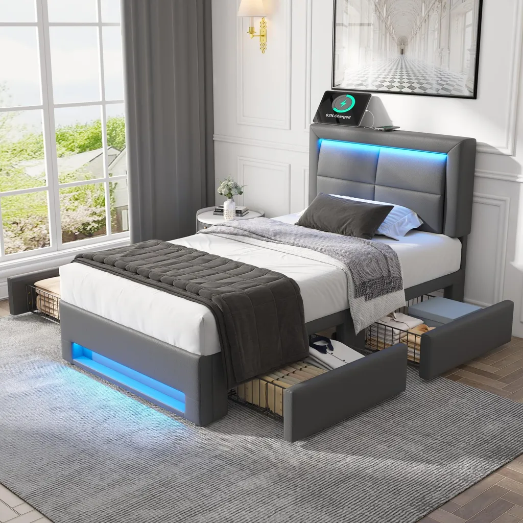 Lit 90x200 cm Gris avec LED et USB - Rangement 4 Tiroirs Gain de Place