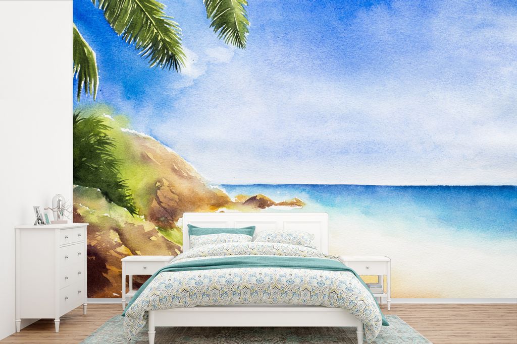 MuchoWow Fototapete für Wohnzimmer oder Schlafzimmer Wandtapete Vinyl Motivtapete Meer - Strand - Berge - 330x220 cm - Fototapeten