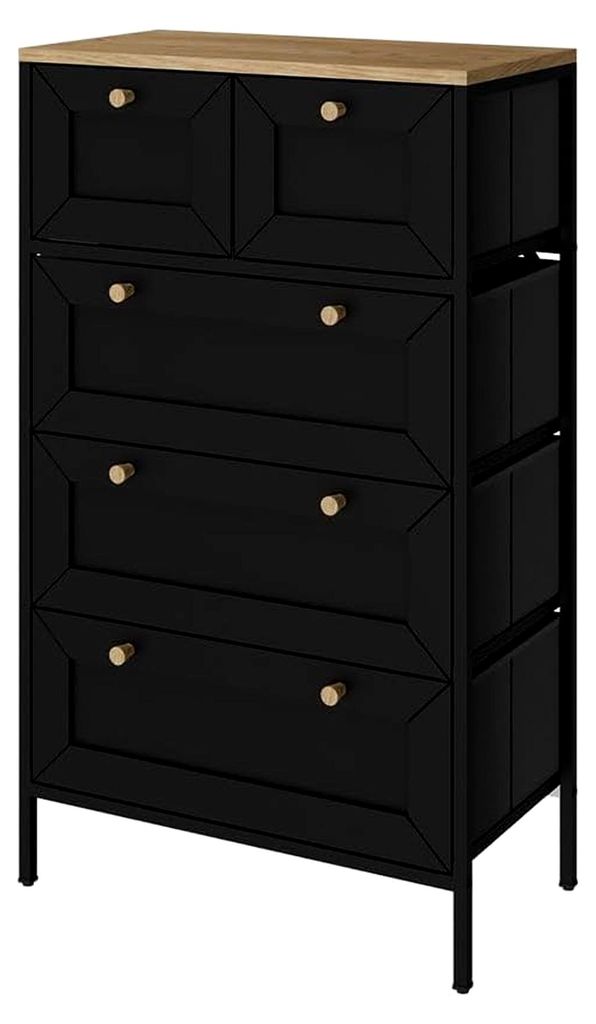 Kommode Belaro, Schwarz, 56 x 95 cm mit 5 Schubladen