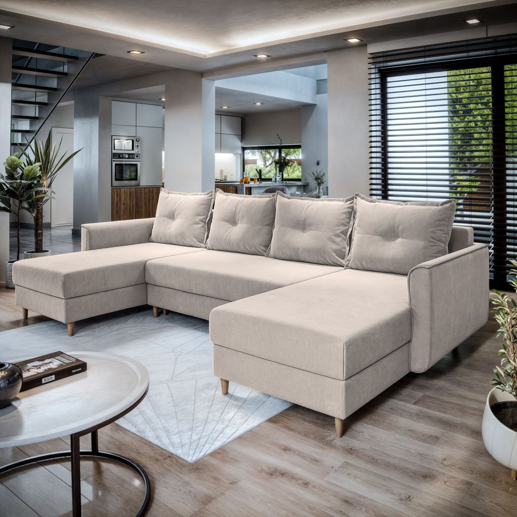 Masseno Ecksofa VERNI mit Schlaffunktion U-Form, Sofa mit Bettkasten, Wohnzimmersofa, Couch, Soffa, Bettsofa, Couchgarnitur- Beige, PAROS 02
