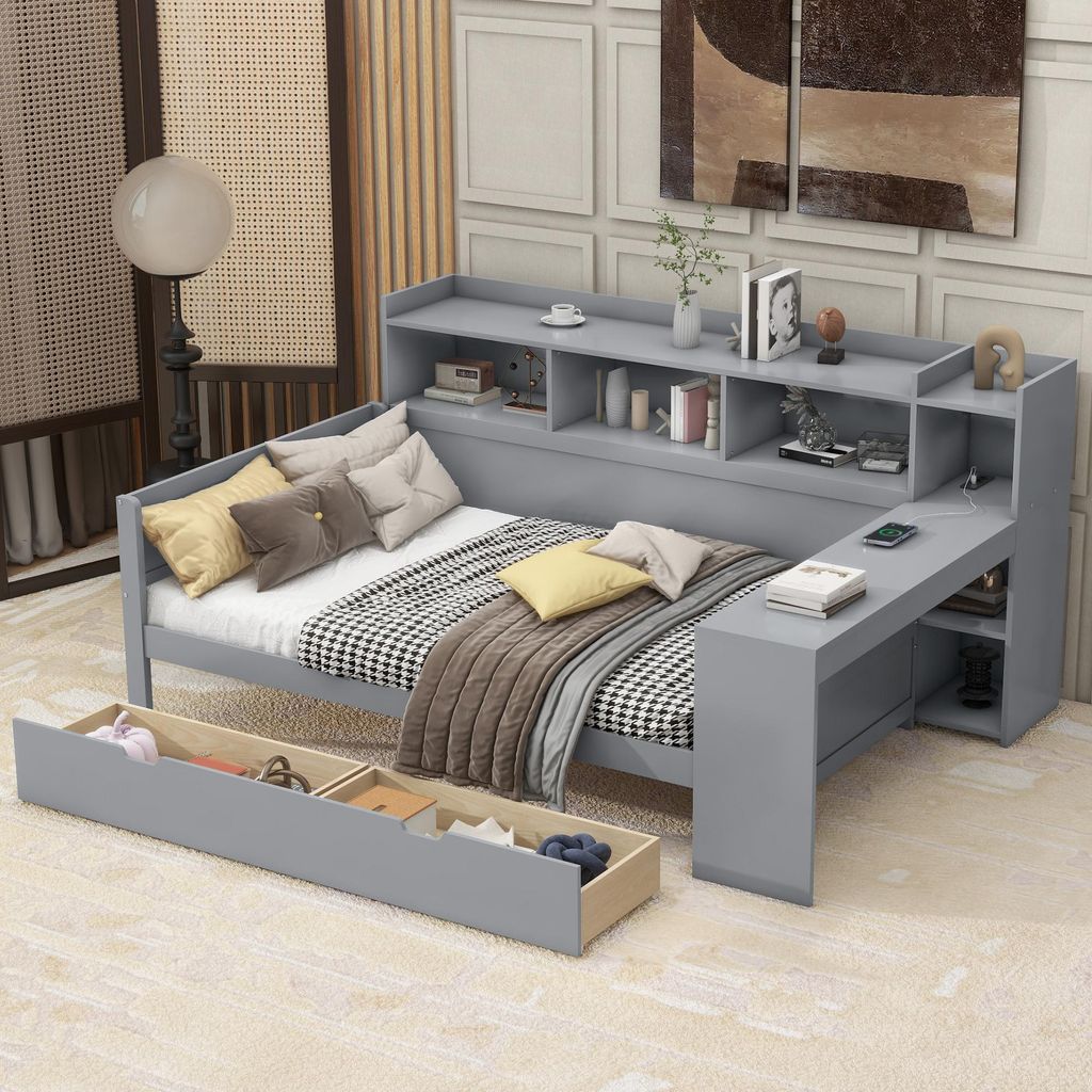 Multifunktions-Schlafsofa mit Schreibtisch, Schubladen & USB-Ladestation,90x200 cm, Grau
