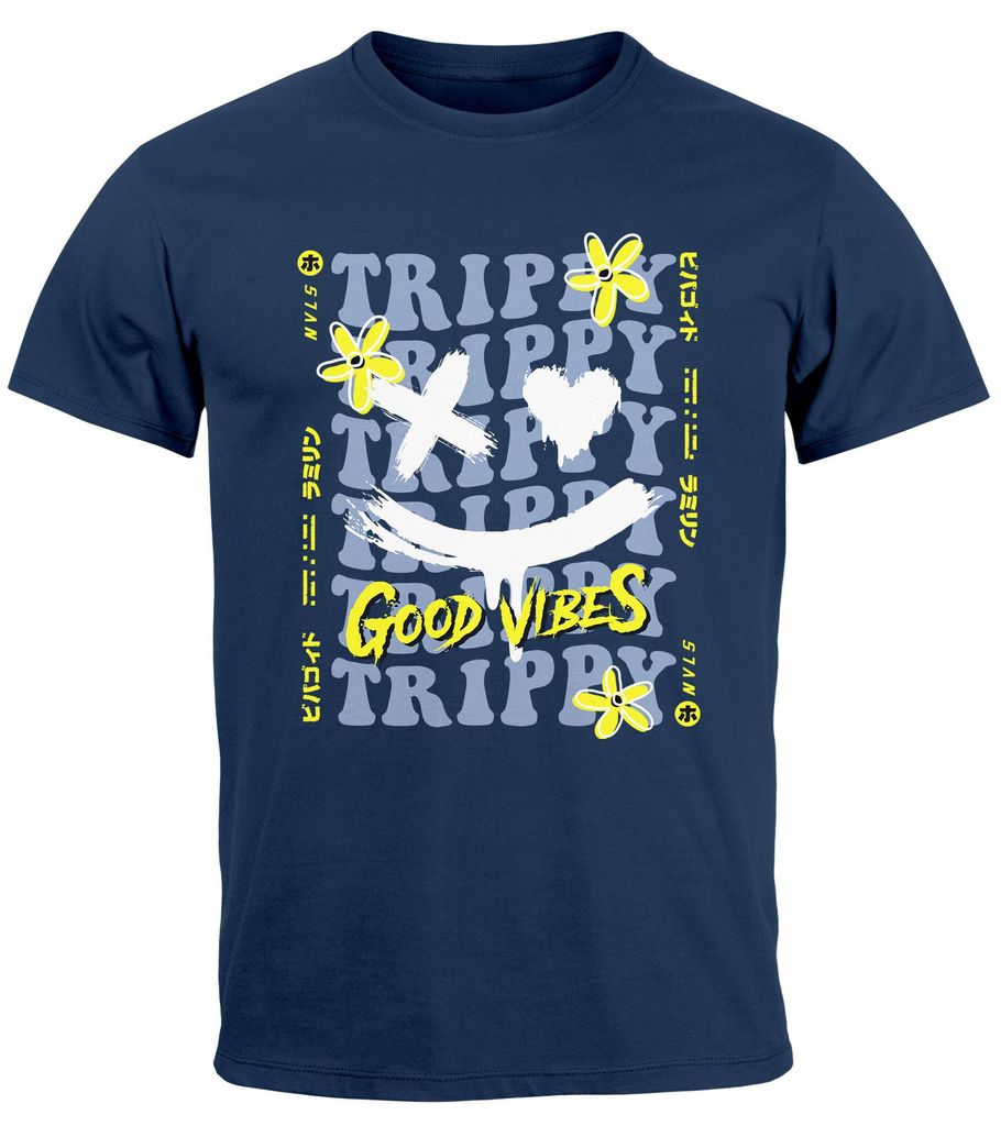 Herren T-Shirt Drip Face Print Smile Good Vibes Herz Blumen Collage Fashion Streetstyle Techwear Neverless navy-blau 3XL