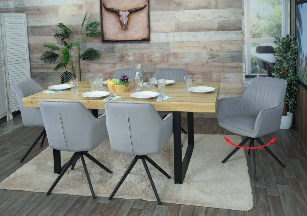6er-Set Esszimmerstuhl MCW-L79, Küchenstuhl Lehnstuhl Stuhl Armlehnen, drehbar Auto-Position Stoff/Textil hellgrau