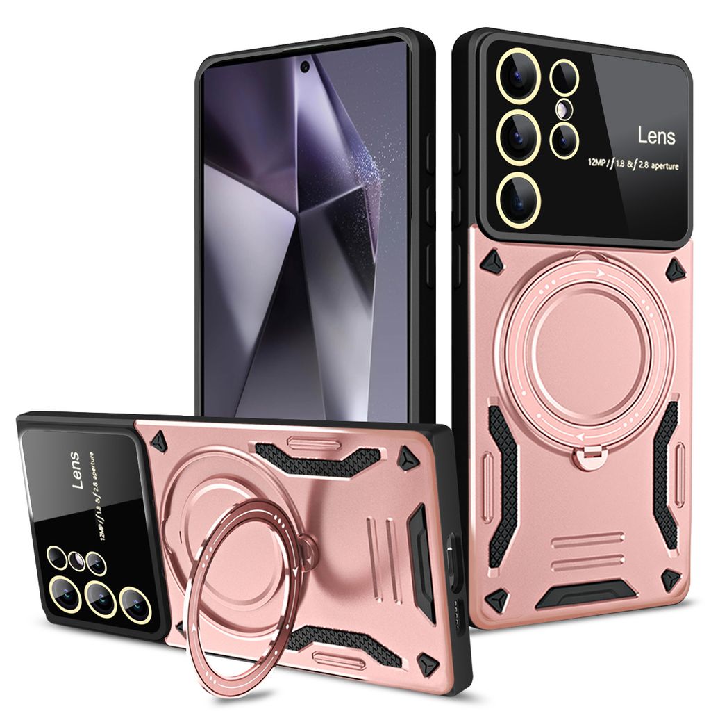 Rüstung Handyhülle für Samsung Galaxy S24 Ultra Dual-Layer Ringhalter Ständer Hülle Roségold