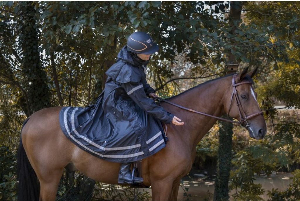EQUITHÈME RiderCoat Regenmantel, Reitermantel, Wanderreitmantel in zwei Farben, Farbe:Schwarz, Größe:S