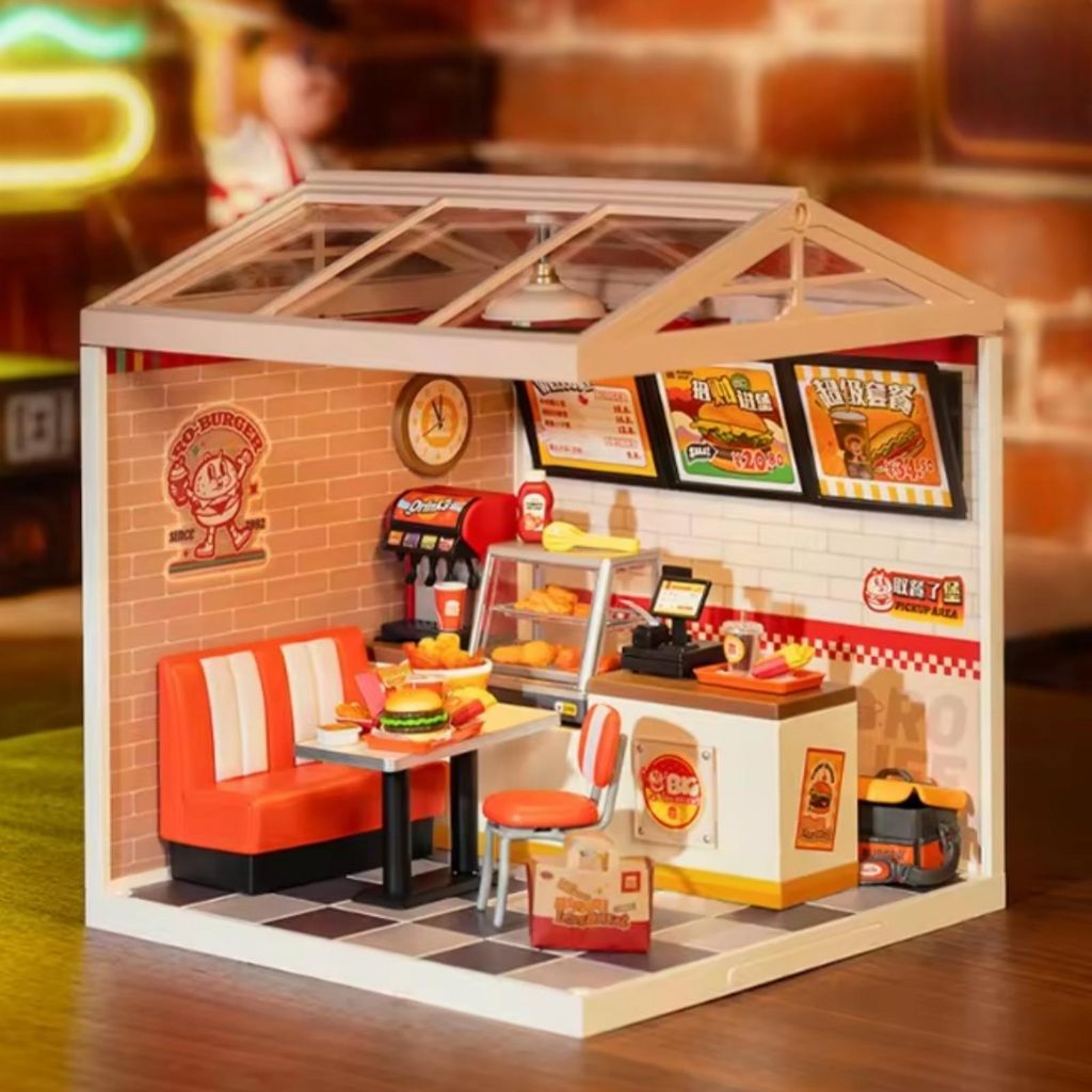 3D Miniatur Hamburger-Laden Puzzle 110 Teile, DIY Haus mit LED, Fast-Food-Restaurant, Geschenk für Kinder & Erwachsene, Deko für Studie
