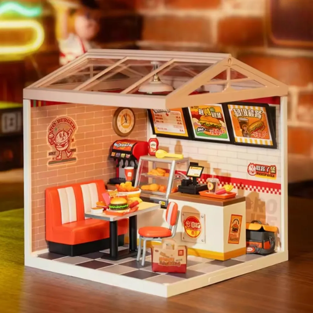 Cadeau Créatif Puzzle 3D Magasin de Burgers Lumineux 110 Pièces en Bois
