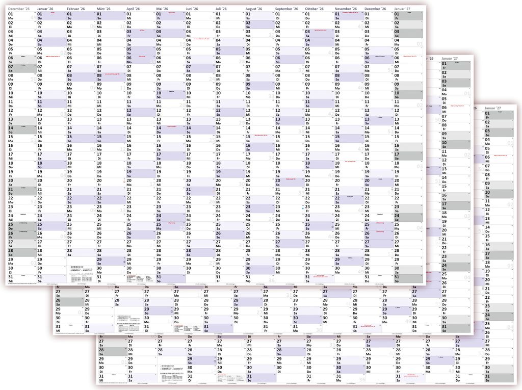 3 Stück XXXL Wandkalender Special A0 2026 nass abwischbar (Format 120 x 80cm) Jahresplaner Wandplaner gerollt mit extra großen Tageskästchen