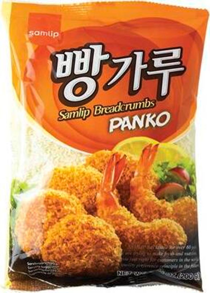 A bag of Samlip Panko breadcrumbs with fried shrimp and lemon slices shown on the front.