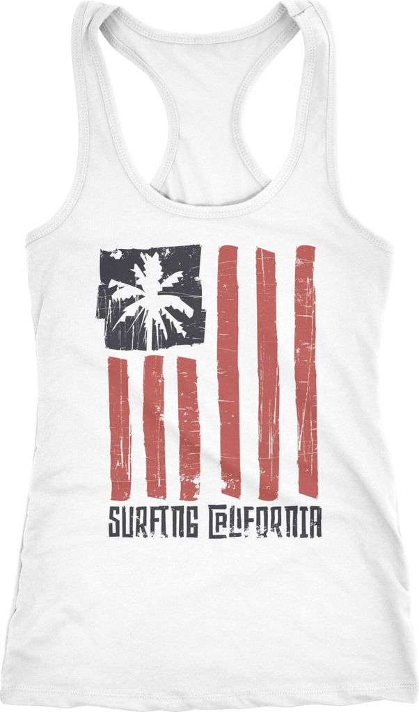 Damen Tank-Top USA Amerika Surfing California Flagge Surf Design Retro Printshirt Aufdruck Fashion Racerback Neverless weiß XXL