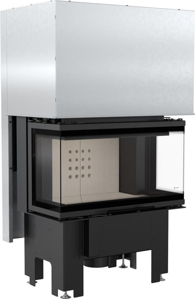 A modern fireplace insert with a large glass front and a metal casing.