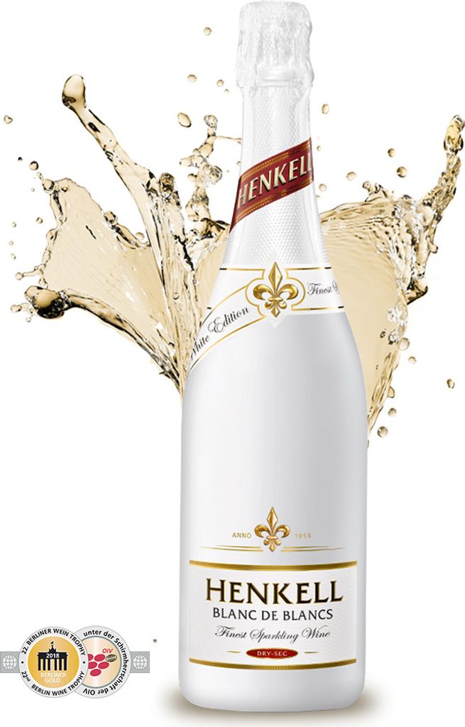 A bottle of Henkell Sekt Blanc de Blancs sparkling wine with a splash of wine behind it.