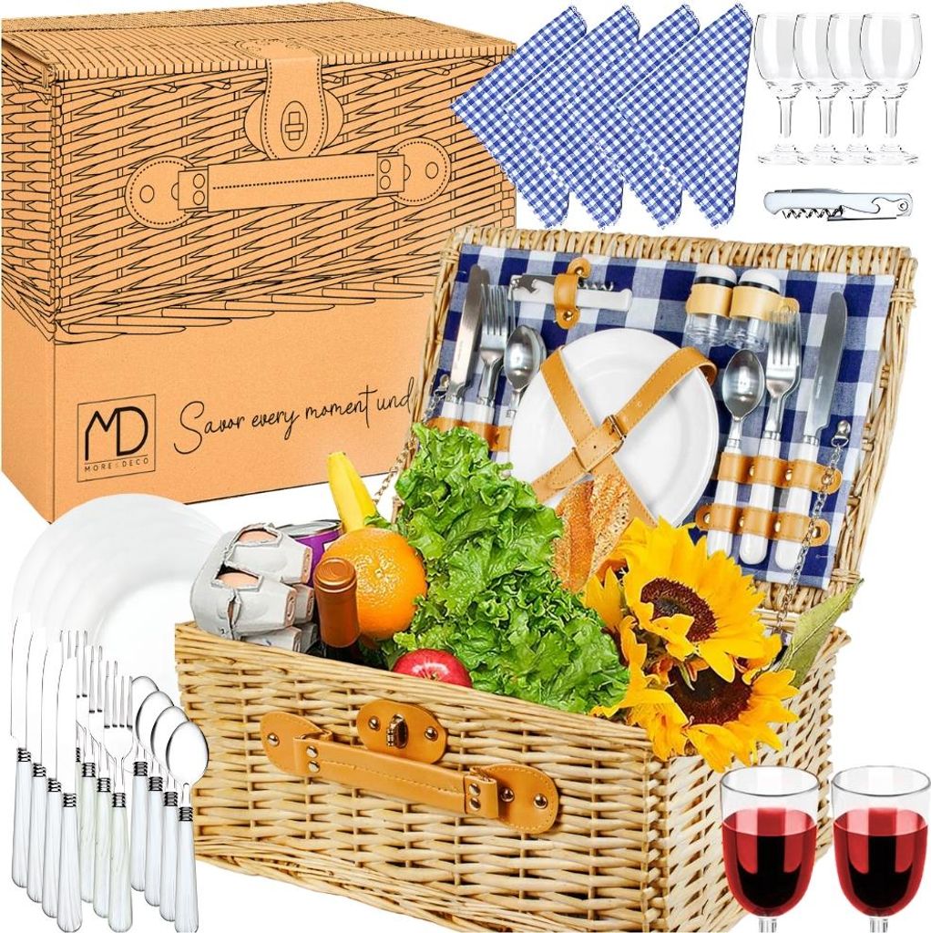 Picknickkorb aus Weide für 4 Personen, Besteck, Gläser, Vatertagsgeschenk