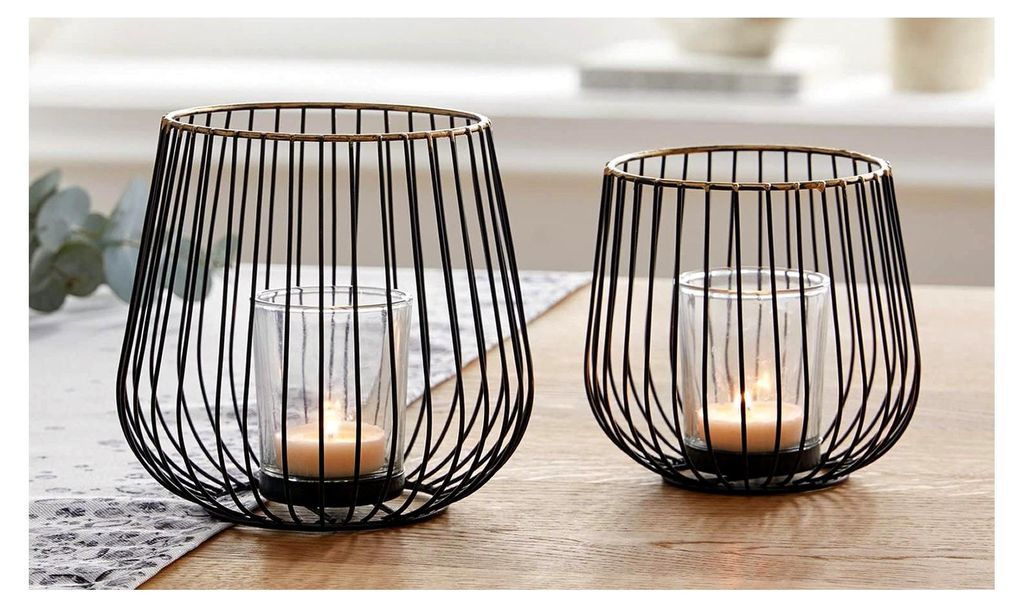 Windlicht „Modern“, 2er Set, aus Metall und Glas, 11 und 13 cm hoch, Teelichthalter mit Goldrand