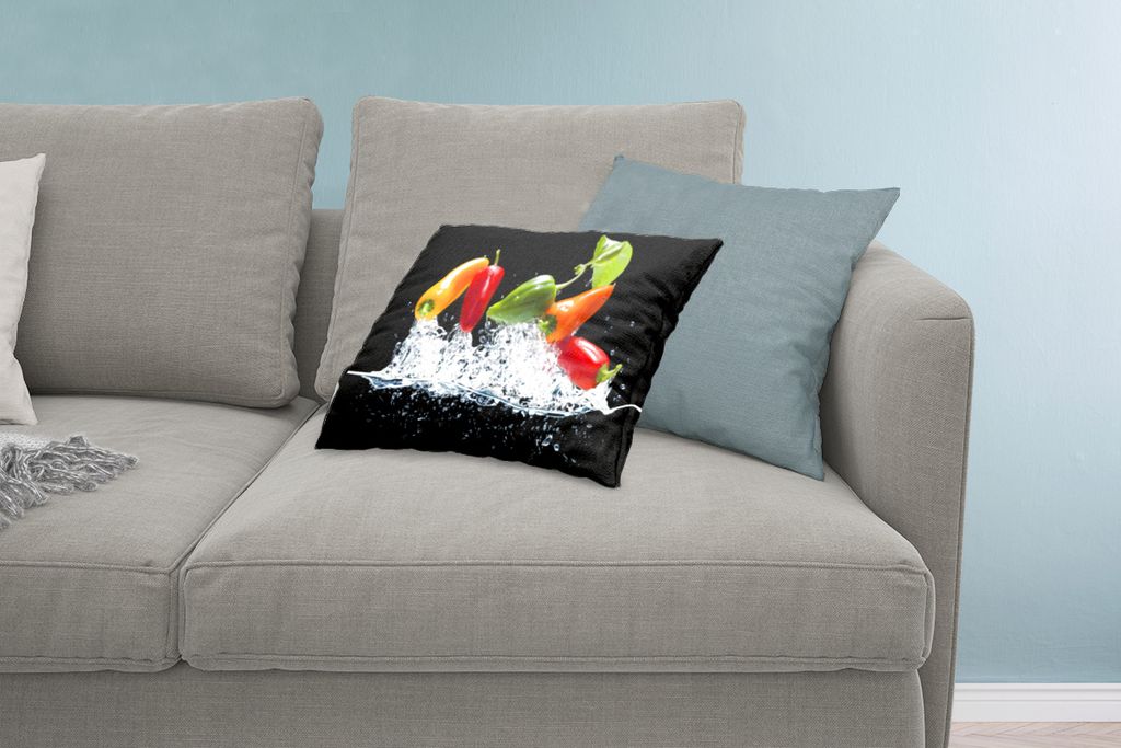 MuchoWow Zierkissen Sofakissen Wohnzimmer Dekokissen 60x40 cm Paprika - Schwarz - Gemüse - Wasser - Blatt - Kopfkissen - Polster mit Foto