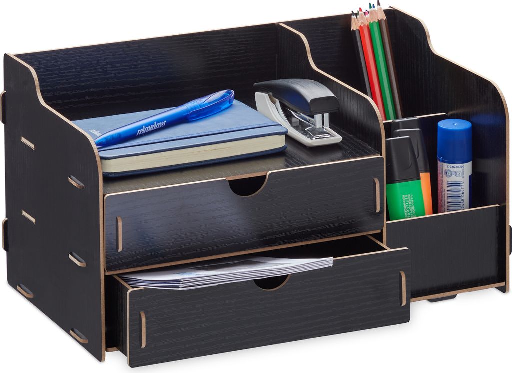 Relaxdays Schreibtisch Organizer, 2 Schubladen & 3 Fächer, Stiftehalter MDF, HBT 17 x 33 x 19 cm, Büroorganizer, schwarz