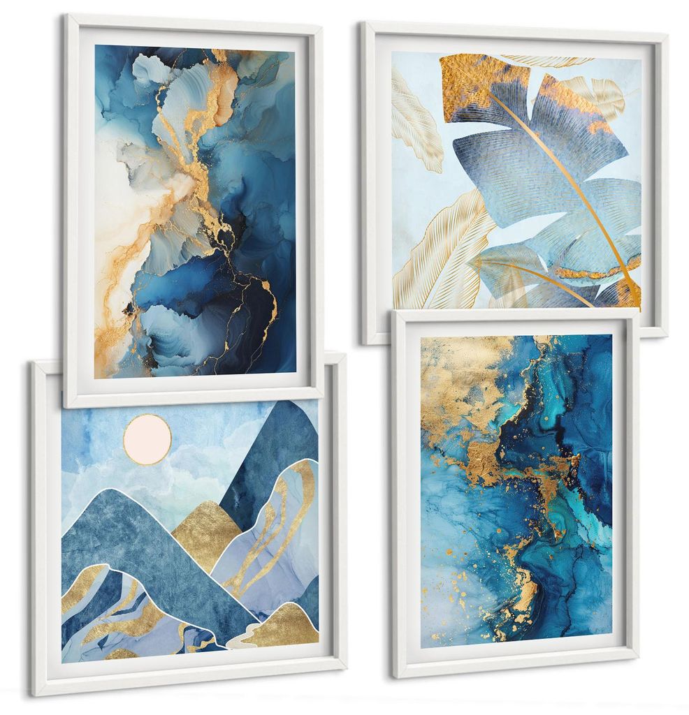 Bilder Set 4-teilig im Goldrahmen Rahmen – Wandbilder 4 Stück – gerahmte Poster für Wohnzimmer, Schlafzimmer und Flur – 50x50 cm - 40x60 cm...