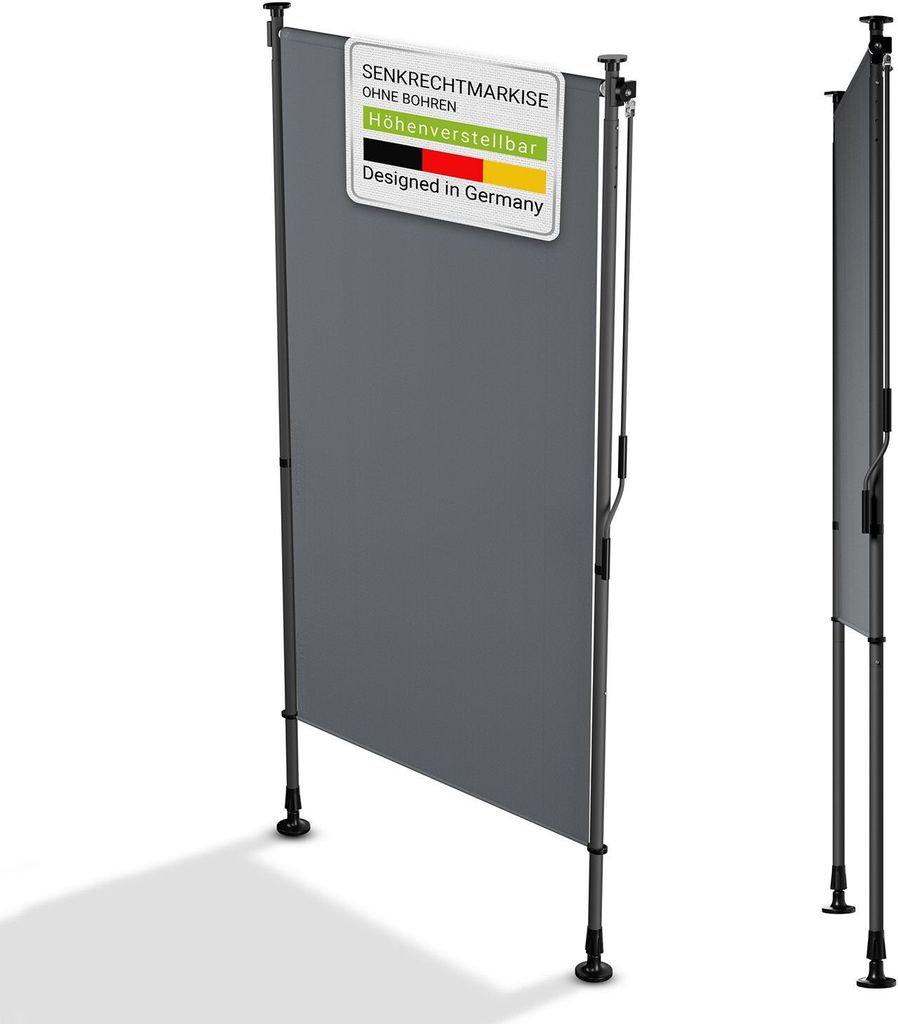 A grey vertical awning or screen is shown standing on a white background with its shadow cast to the left. A small sign with text and the German flag is attached to the top left of the screen.