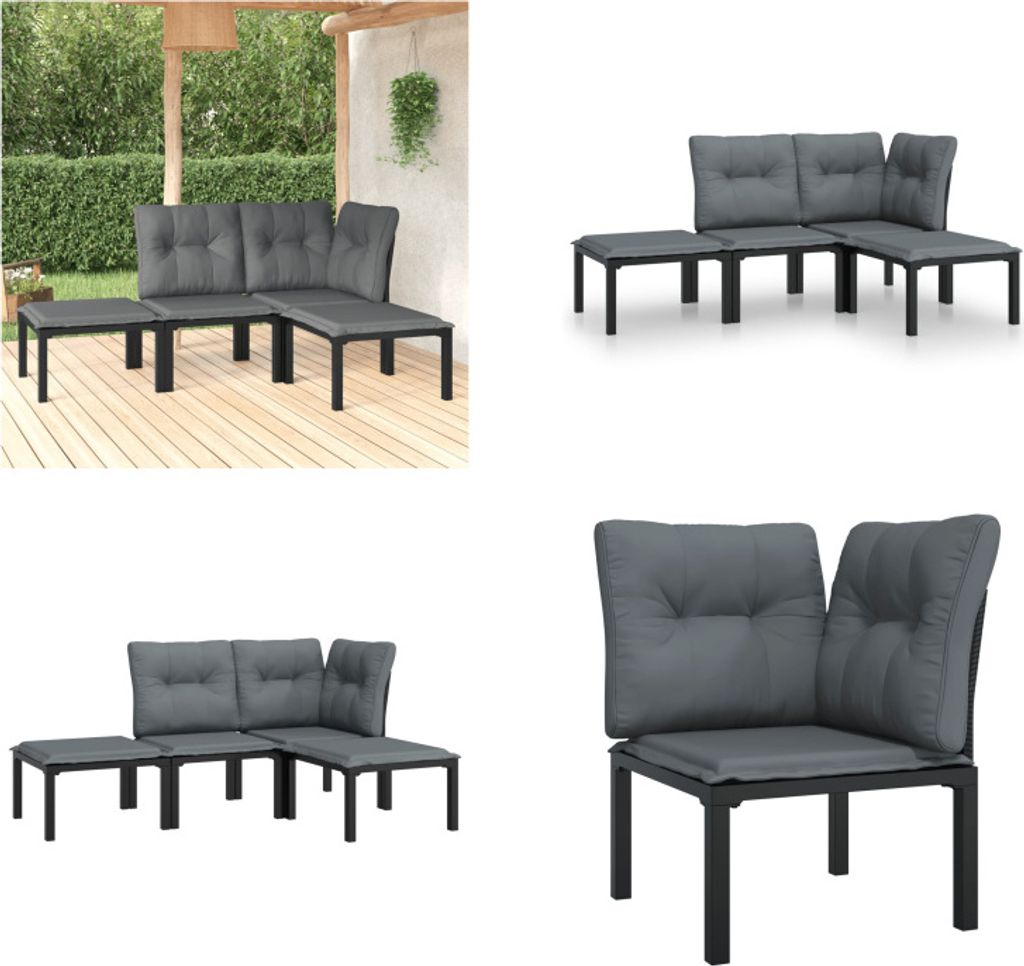 vidaXL 4 tlg. Garten Lounge Set Schwarz und Grau Poly Rattan - Garten Lounge Set - Garten Lounge Sets - Lounge Set - Gartenmöbel Set