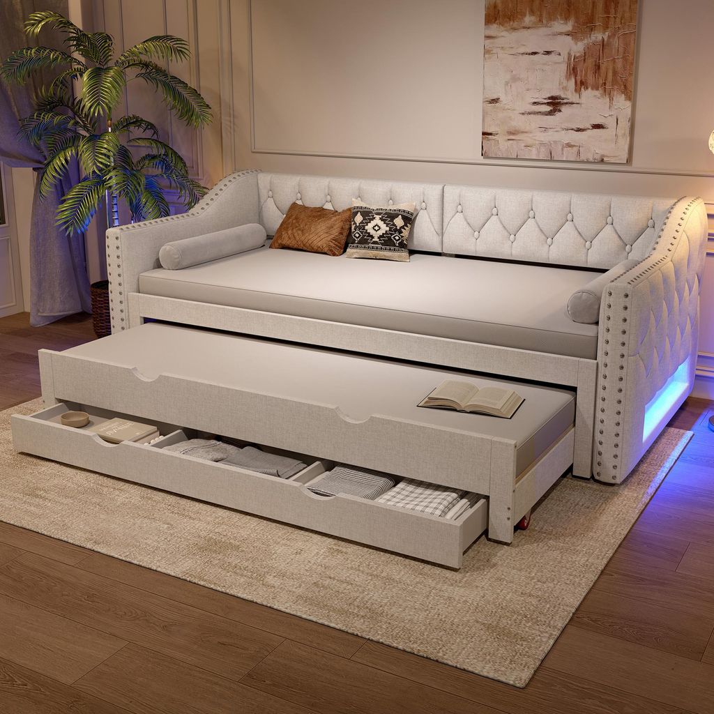 Merax Tagesbett Daybett 90x200 Ausziehbett mit LED-Beleuchtung, 3 Schubladen, Polsterbett für Gästezimmer, Kinderbett, Schlafsofa, Linen, Beige