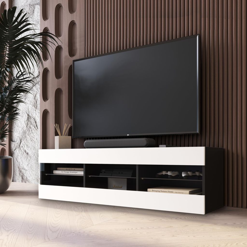Komodee TV Schrank Tivoli, Weiß/Schwarz, Breite 140cm x Höhe 40,5cm x Tiefe 35,5cm, ohne LED, für Wohnzimmer, Schlafzimmer