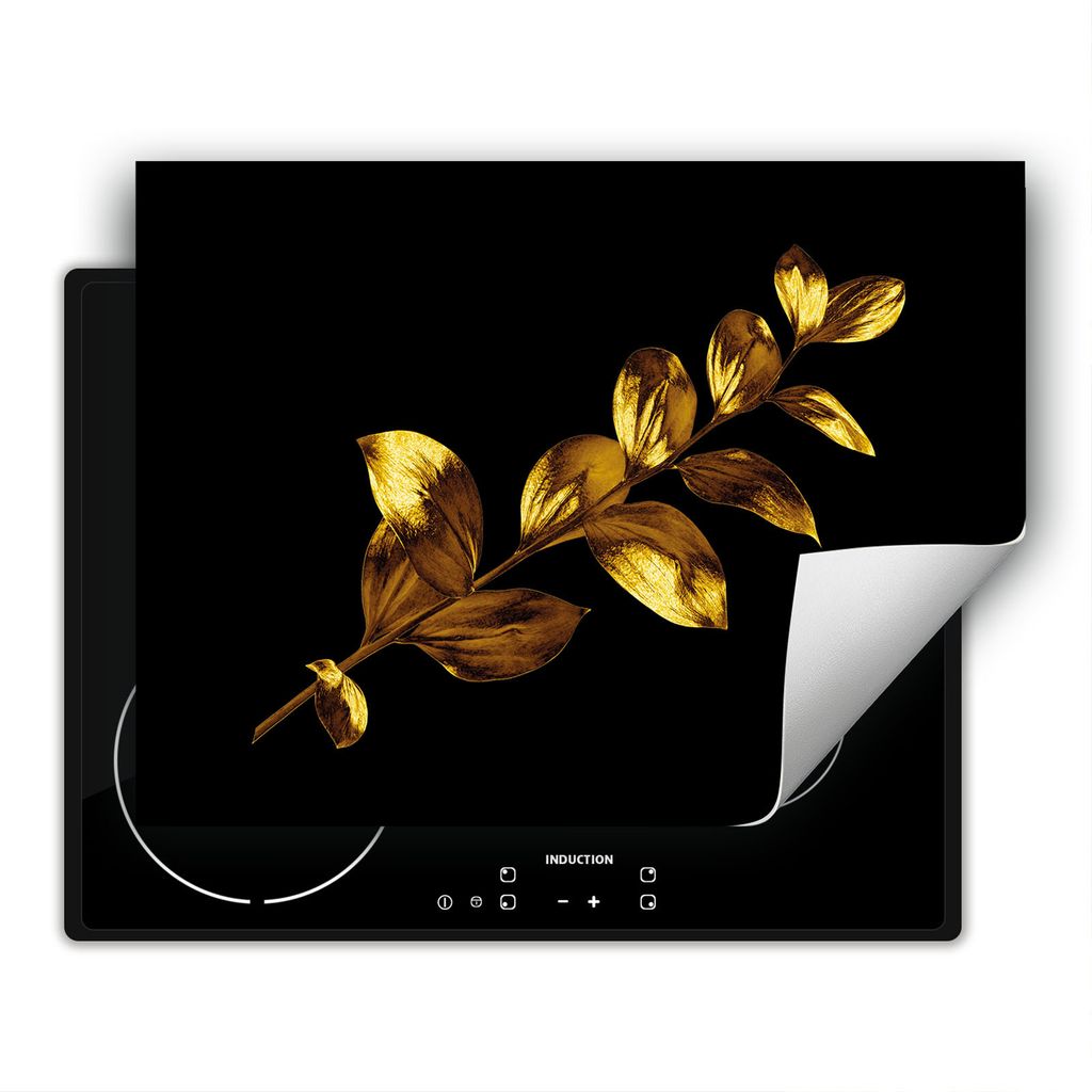 DarHaus Herdabdeckplatte 80x52 cm Anti Rutsch Matte Aufrollbar, schwarz - gold - Blume