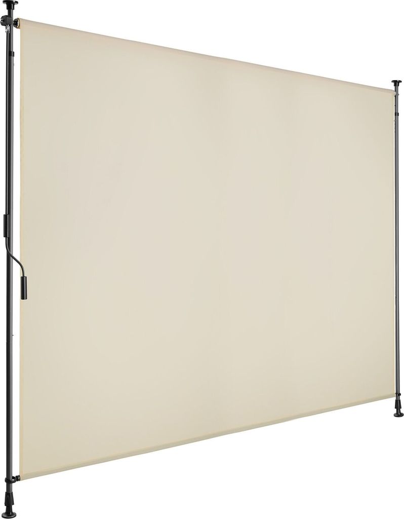 A beige retractable awning with black metal poles and a hand crank.