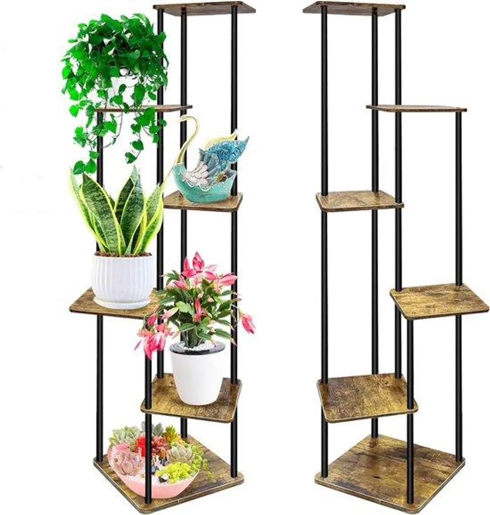 Support de fleurs haut à 6 étages, porte-plante intérieur bois et métal