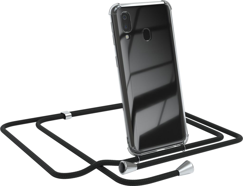 EAZY CASE Handykette kompatibel mit Samsung Galaxy A40, Handyhülle mit Umhängeband, Handykordel, Schutzhülle Clear, Band in Schwarz