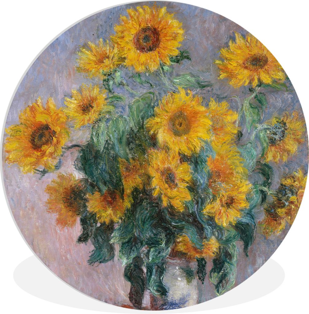 MuchoWow Rundes Wandbild - Runde Bilder Blumenstrauß mit Sonnenblumen - Gemälde von Claude Monet Ø 30 cm Kreis Wanddekoration Kunststoff - Wan...