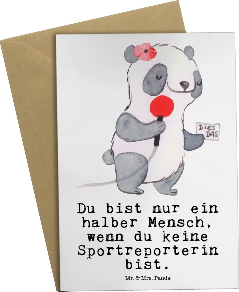 Mr. & Mrs. Panda Grußkarte Sportreporterin Herz - Weiß - Geschenk, hochzeitskarten, osterkarte, genesungskarte, weihnachtskarten, osterkarten, ei...