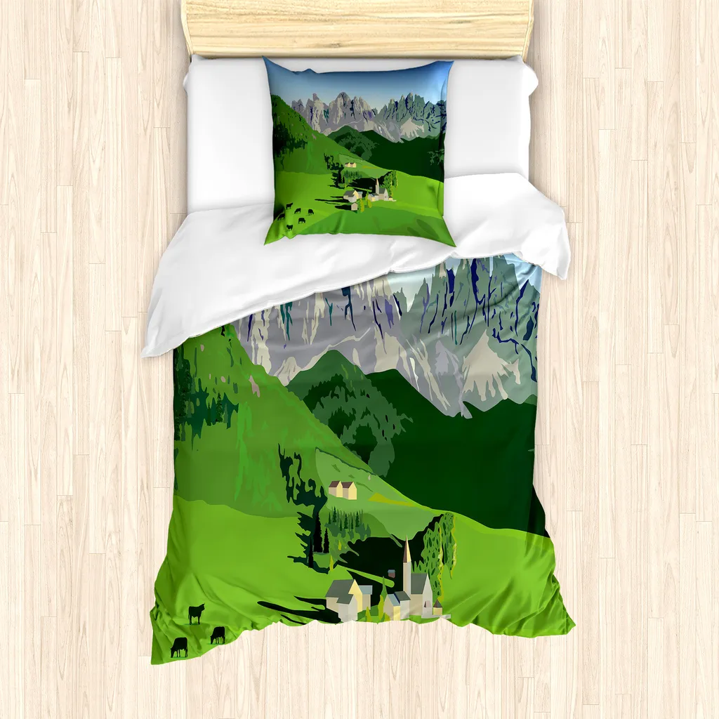 ABAKUHAUS Svizzera Set copripiumino per letti singoli, Alpine Berge Wiese, antiacaro, adatto a chi soffre di allergie, con federa, 135 cm x 200 cm - 80 x 80 cm, multicolore