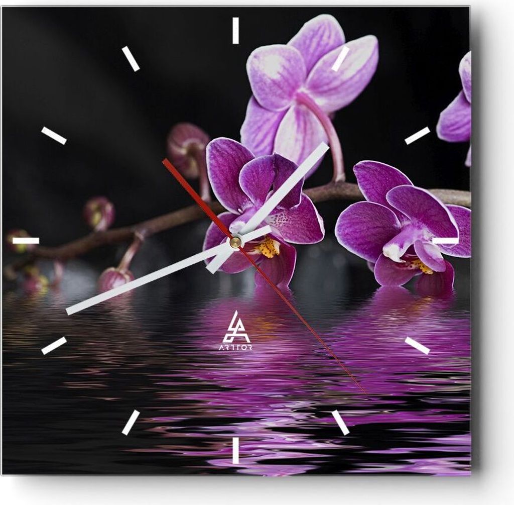 Wanduhr - Quadrat - Glasuhr - Asien exotisch orchidee blume - 30x30cm - Schleichendes Uhrwerk - Lautlos - zum Aufhängen bereit - Dekoration Modern...