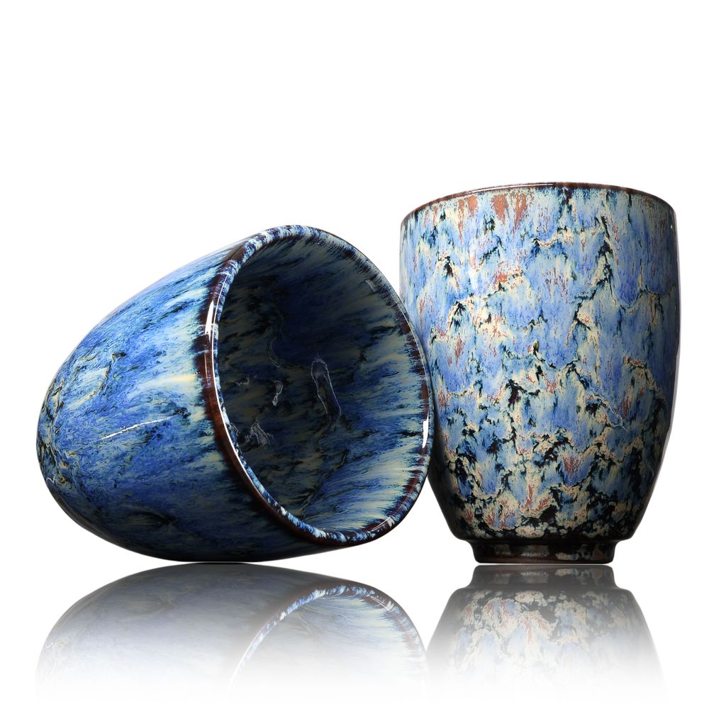 Kaffee Becher Keramik, Design Kaffee-Tasse ohne Henkel 200ml, Tee-Tasse 2er Set, coffee mug, tea cup, Tasse mit modernem Muster, bunte Unikate (mac...