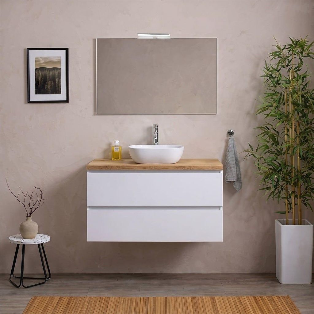Mobile bagno sospeso 80cm bianco export, top rovere Immagine del prodotto 