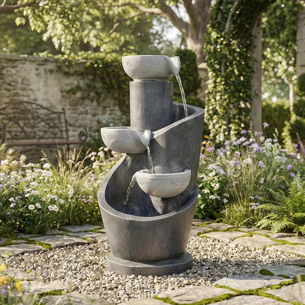 Grande fontaine d'extérieur en pierre artificielle et éclairage LED intégré