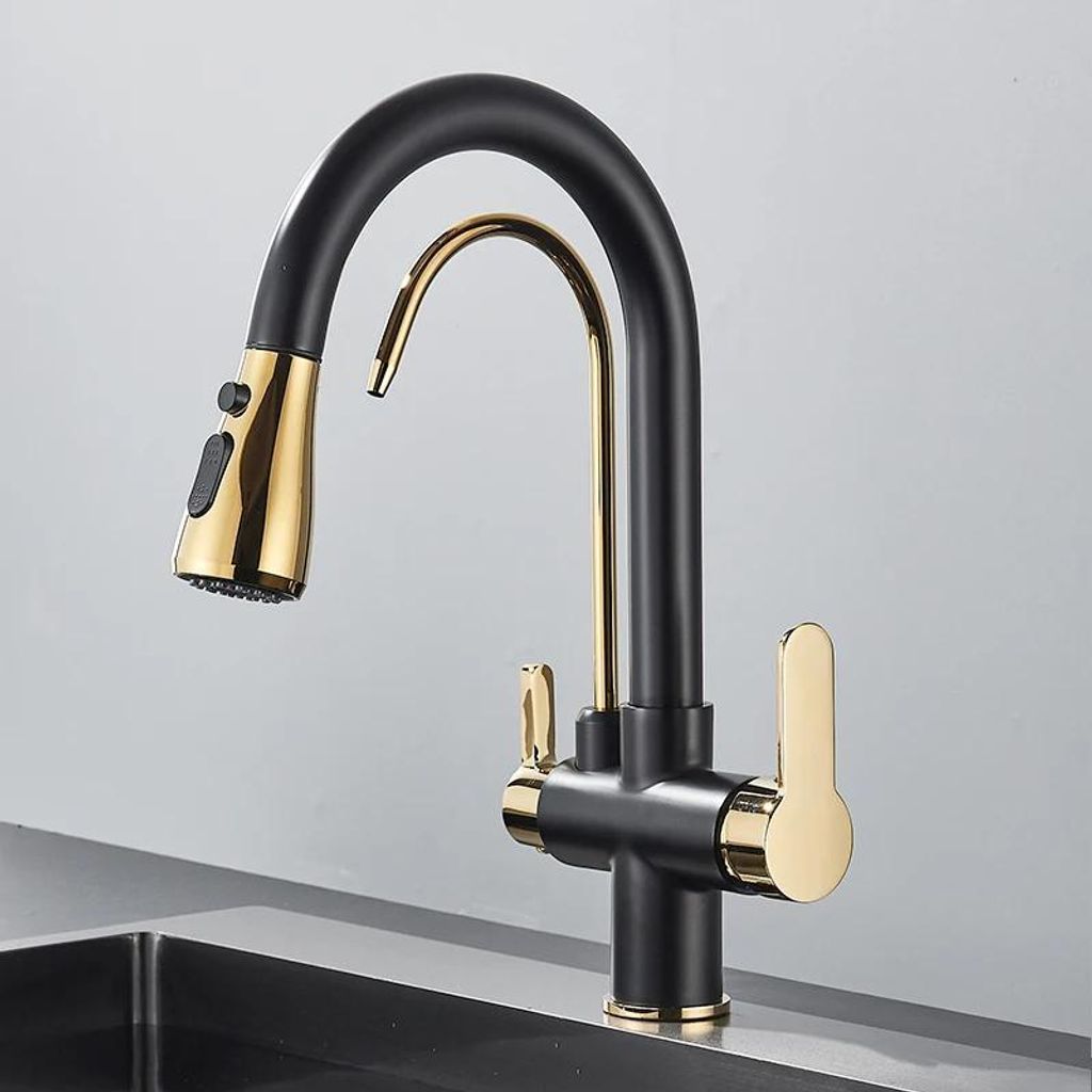 Küchenarmatur - 3-Wege Wasserhahn für Filterwasser - Ausziehbrause - 360° schwenkbar - Zwei Griffe - Einlochmontage - Schwarz/Gold