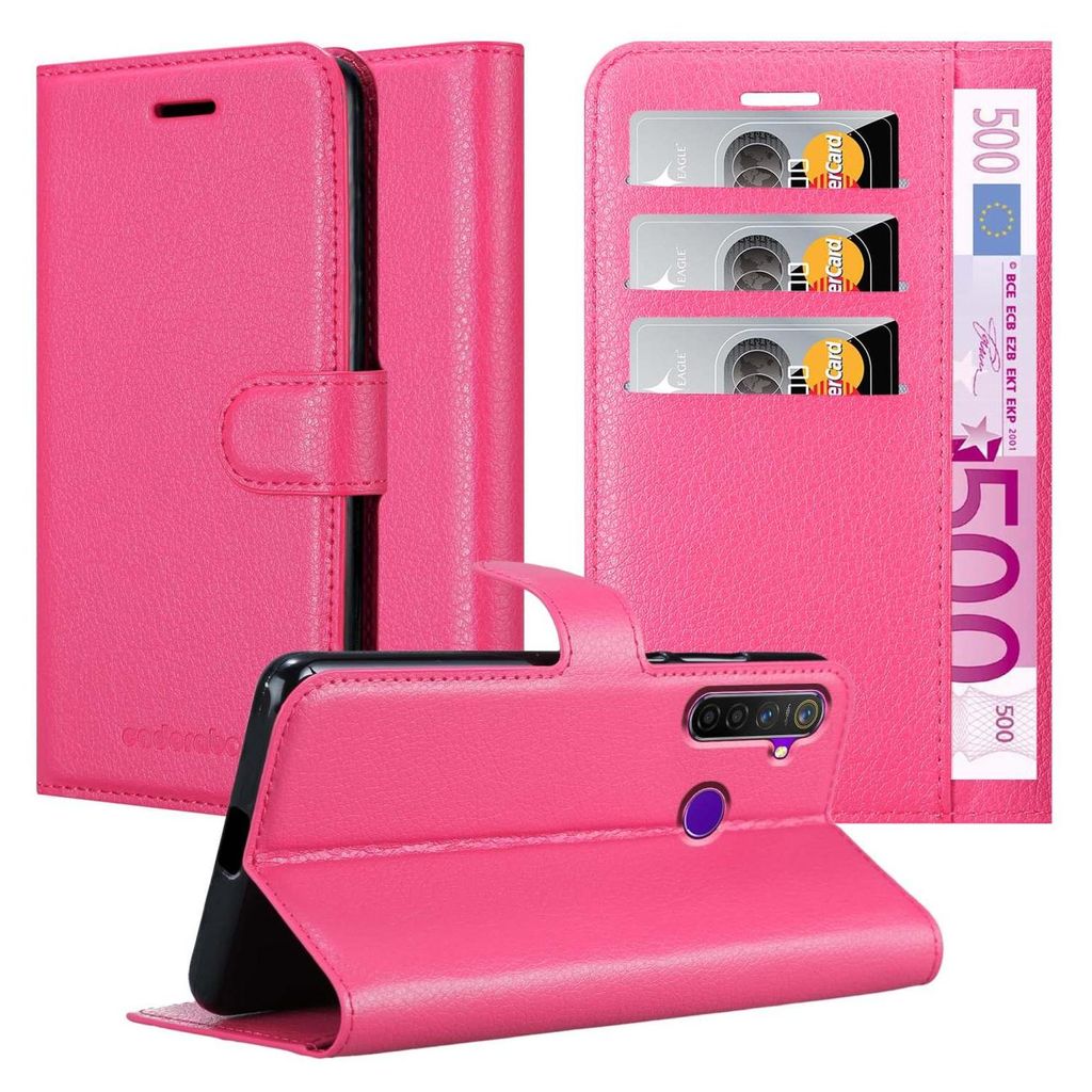 A pink flip phone case with card slots and a banknote is displayed, with a phone inserted into the case.