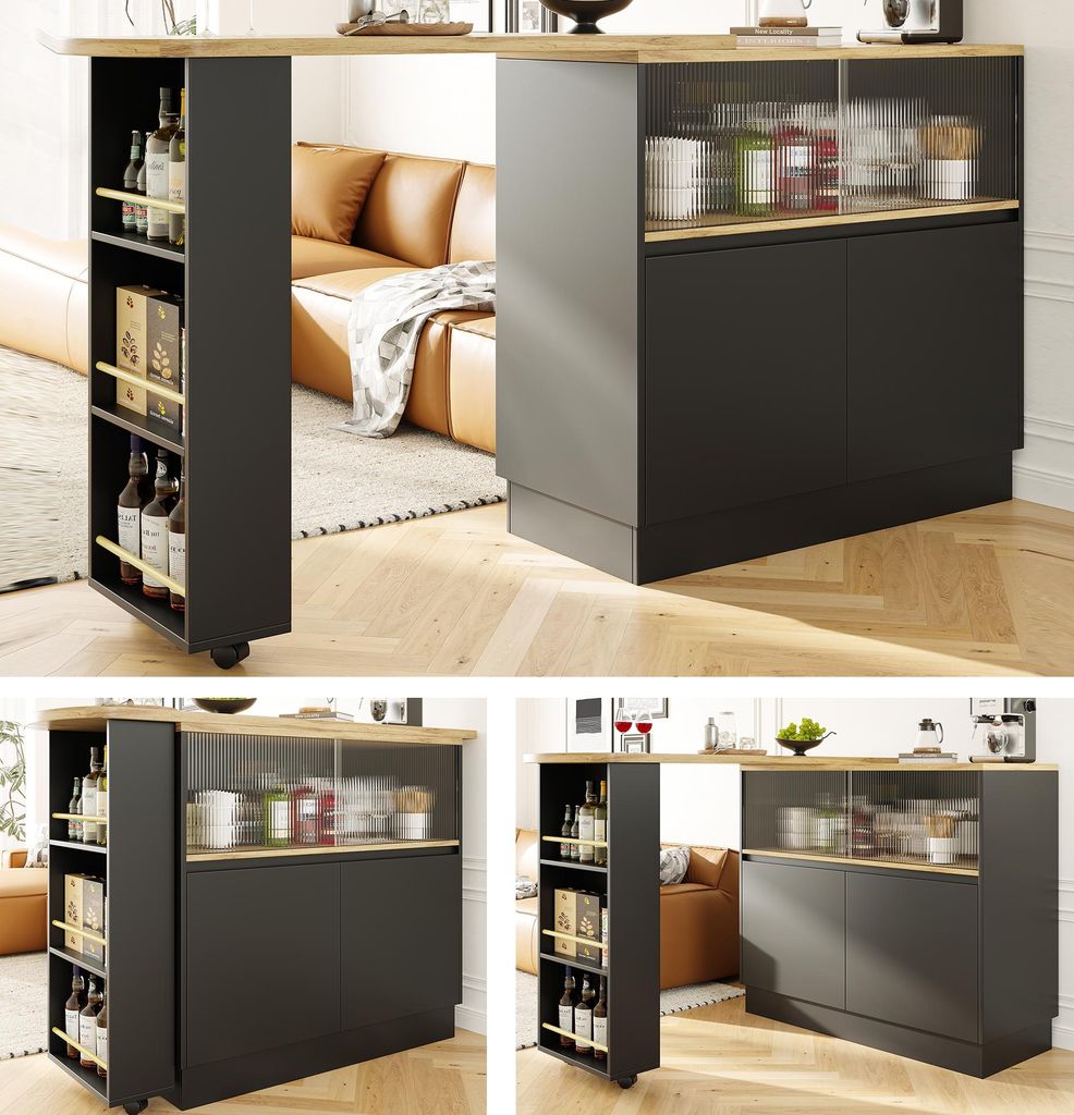 Flieks Esstisch Bartisch 360°drehbar, Küchentisch Esszimmertisch ausziehbar, Kaffeebar mit Schrank, Stehtisch Sideboard mit Glasschiebetür, Schwarz