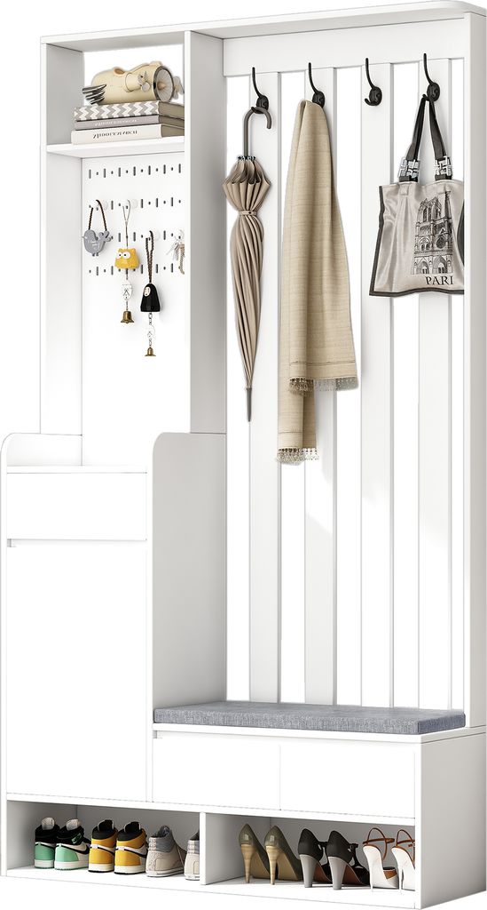 A white entryway organizer with hooks, a bench, and shoe storage.