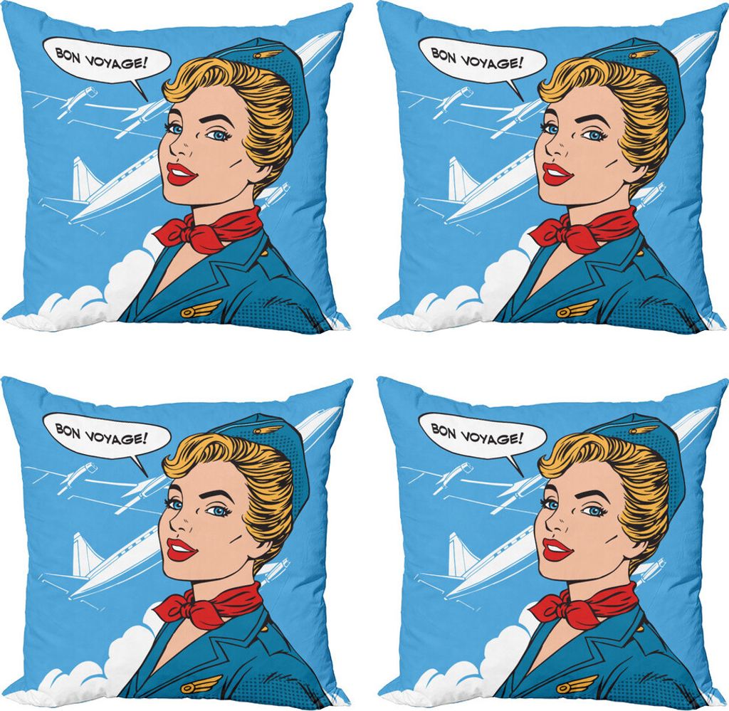 ABAKUHAUS Reise Kissenbezug Set (4 Stück), Bon Voyage Stewardess Retro, Moderner Doppelseitiger Digitaldruck, 50 cm x 50 cm, Mehrfarbig