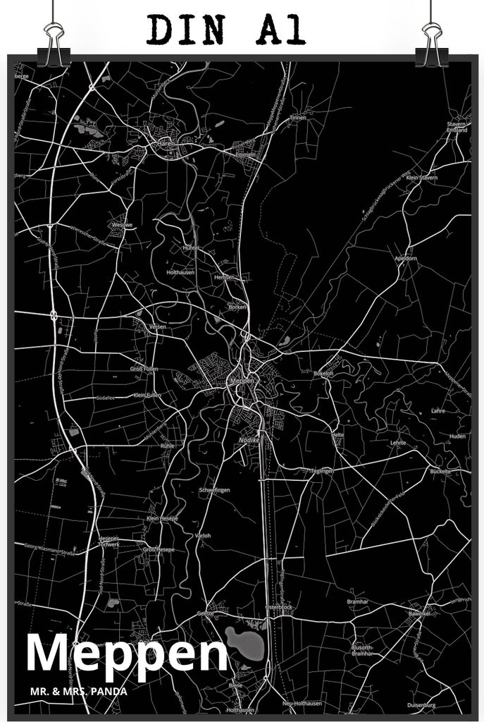 Mr. & Mrs. Panda Bild Meppen DIN A1 - Geschenk, wanddeko, Plakat, drucke, Stadt, Dorf Karte Landkarte Map Stadtplan, Wandbild, Wanddekoration