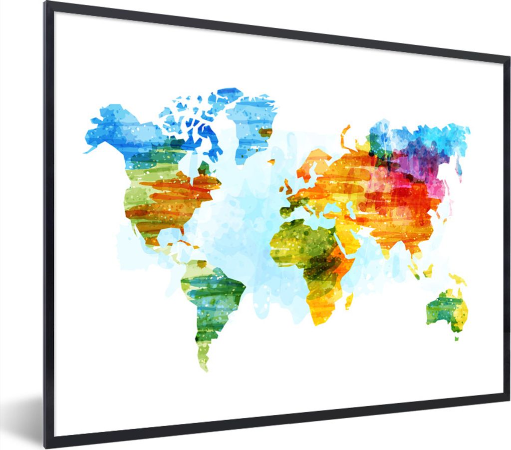 MuchoWow Gerahmtes Poster Weltkarte - Wasserfarben 80x60 cm - Poster mit Schwarzem Bilderrahmen Wandposter Rahmen Foto Bilder - Schwarzem - Mit G...