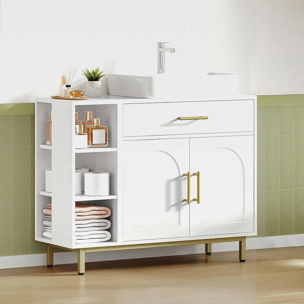 Waschbeckenschrank, Badezimmerschrank, 1 Schublade 2 Schranktüren, Offenes Fach mit 3 Ebenen, Verstellbare Ablage, Weiß, 30 x 80 x 64cm